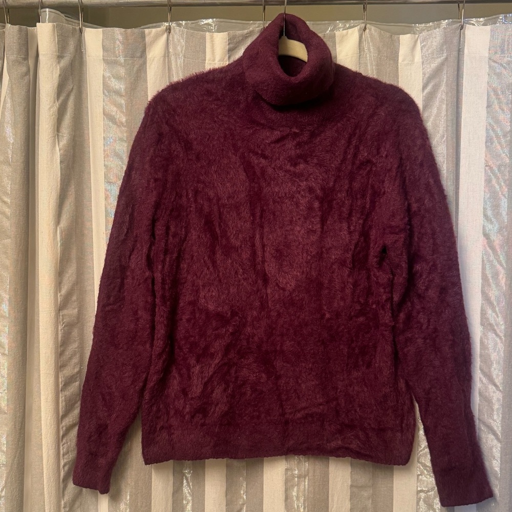 Halogen Deep Burgundy Fuzzy Eyelash Luxury Turtleneck Sweater, Size S
